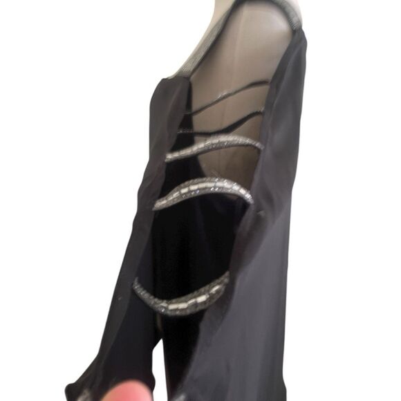Roz & Ali Plus Size Black Chiffon Rhinestone Strap Ladder Sleeve Party Dress Siz - Picture 3 of 7